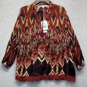 Karyn Seo Lara‎ Top Womens Medium Crepe Tassels Long Sleeve Fringe Hem